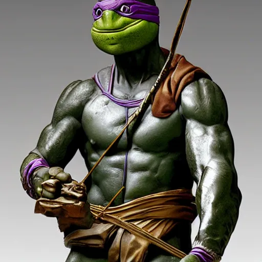 Image similar to donatello from the teenage mutant ninja turtles sculpted by donatello the renaissance artist, marble, cinematic, high details