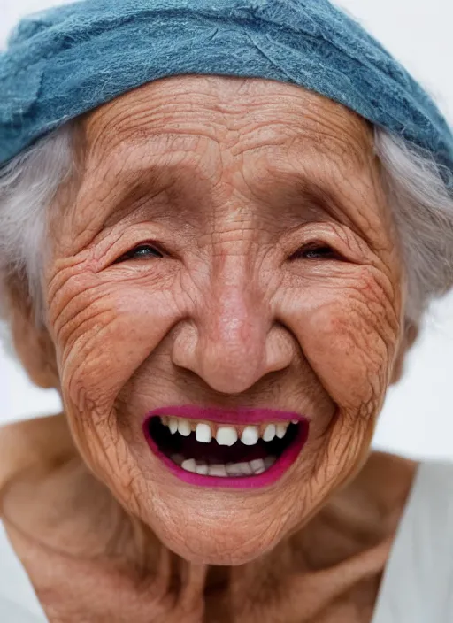 Image similar to old lady smiling remembering her youth, portrait, close up, IMAX, 8k
