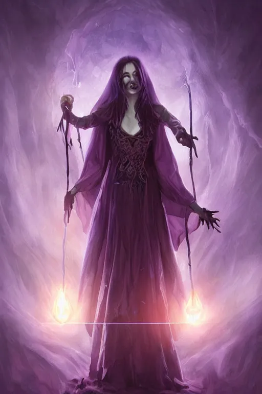 Prompt: a standing witch from D&D called Victoria conjuring a spell surrounded by violet rays and overlays, dark fantasy illustration, realistic, soft lighting, art by Artgerm and Peter tang,