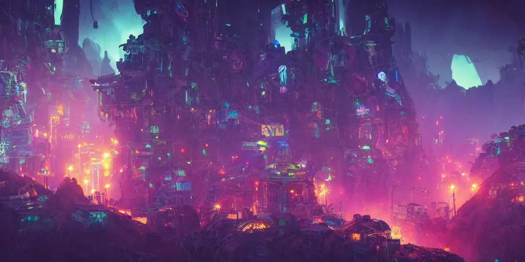 Image similar to overcrowded sci - fi steampunk and neonpunk mechanical fluorescent mystical city in a mountain landscape with monsters, night, realism in style of fornite game, 4 k, octane render, award winning photograph, epic cinematic shot, perfectly defined features, ambient occlusion