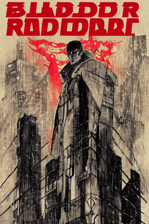 Image similar to bladerunner manga cover, cover art for manga, full color, seinen manga by kentaro miura. text kanji hiragana on the cover simplistic minimalist stylized cover art, coherent professional