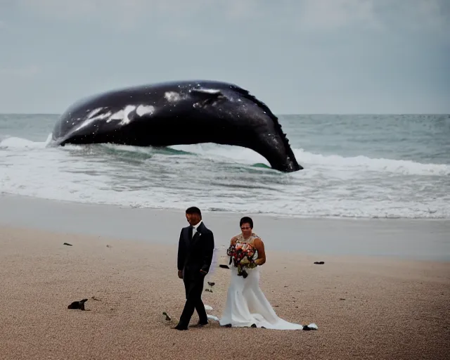 Image similar to a bride and groom walk together on a beach with a rotting dead whale, wedding photography