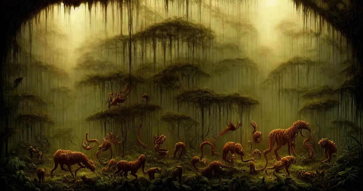 Image similar to epic professional digital art of hungry jungle, faint golden moody atmospheric lighting, painted, intricate, detailed, detailed, foreboding, by leesha hannigan, wayne haag, reyna rochin, ignacio fernandez rios, mark ryden, iris van herpen,, epic, stunning, gorgeous, much wow, cinematic, masterpiece.