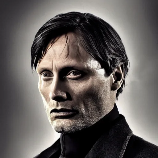 Image similar to mads mikkelsen as a vampire, male, late - 4 0 s aged, shoulder length hair, slicked black hair, red eyes, clean shaven, wearing a cape, regal, royal, grim facial expression, high medieval fantasy, full color digital art, cinematic shot, full body shot.