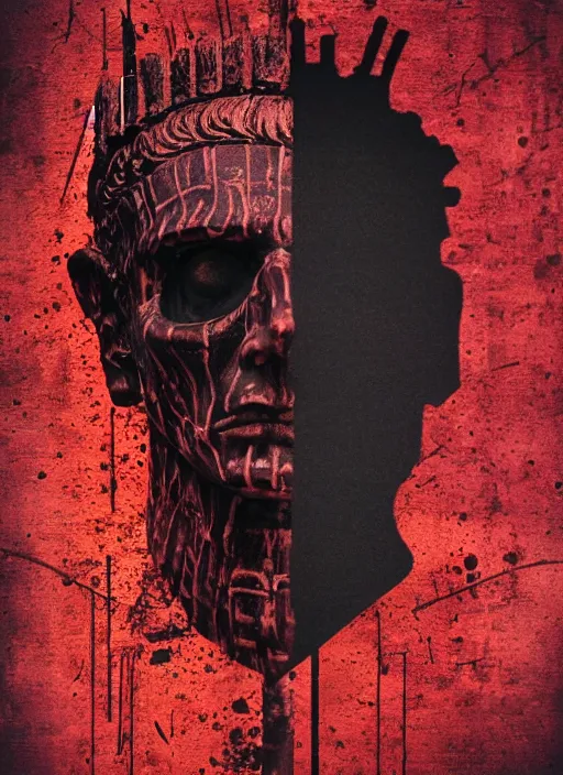 Image similar to dark design poster showing a statue of julius caesar, skeleton, black background with very subtle red and purple design elements, powerful, nekro, vito acconci, thin straight lines, dark, glitch art, neo vaporwave, gritty, layout frame, square, trending on artstation