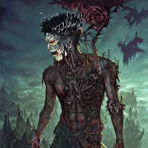 Image similar to fantasy painting with a tattooed punk rock zombie male in a surreal magical environment by Greg Rutkowski and Michael Whelan w 1024