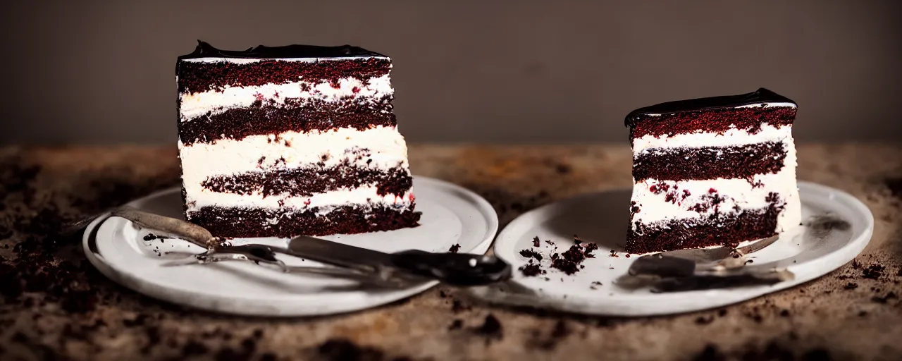 Prompt: a piece of black forest cake from a high class bakery, depth of field, food photography, isometric, tasty, wide shot, studio, bokeh, gmaster, cooking, food, kodak, sony, canon