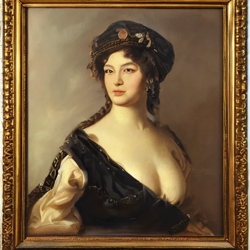 Image similar to A portrait of a stern and large beautiful woman, oil painting, majestic, detailed, high resolution