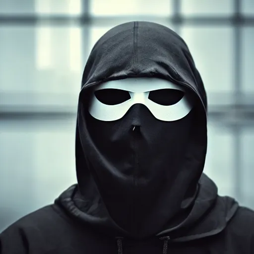 Image similar to realistic photo of hacker in anonymous mask, black, close up, front view, background, hood, extremely detailed, sharp focus, masterpiece,