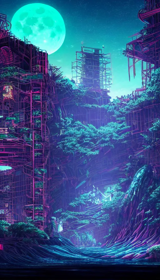 Image similar to reclaimed by nature by moon hoon, darkacademia atlantis cosmic san andreas at dawn neon signs tokyo synthwave universe, archdaily, wallpaper, highly detailed, trending on artstation.