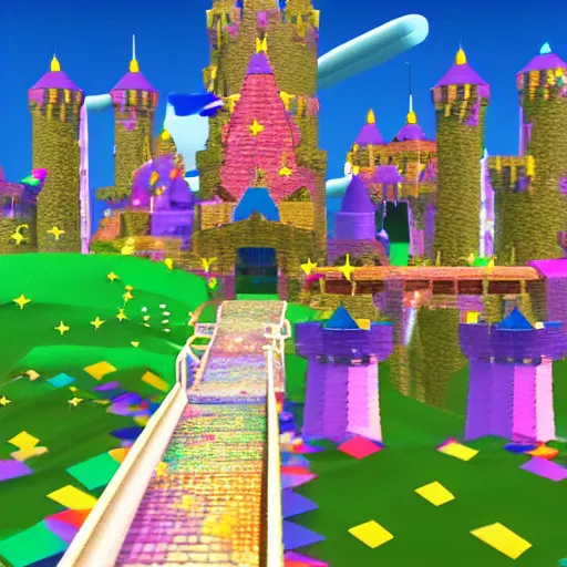 Prompt: lost Mario 64 level, mystical castle made of crystals with spiral staircase leading to the towering spire, island in the night sky full of stars and rainbows, shimmering water full of cherry blossom leaves, low poly, game screenshot