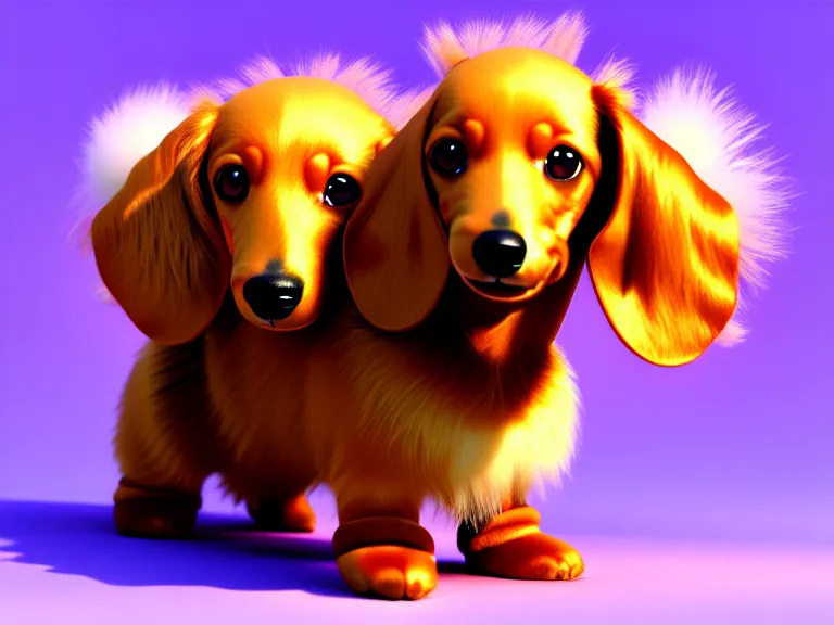 Image similar to high quality 3 d render hyperrealist very cute fluffy dachshund dog, plush mascot, long spiky fluffy hair, photo from the side, multi pastel colors, vray, smooth background, artstation, ultra detailed