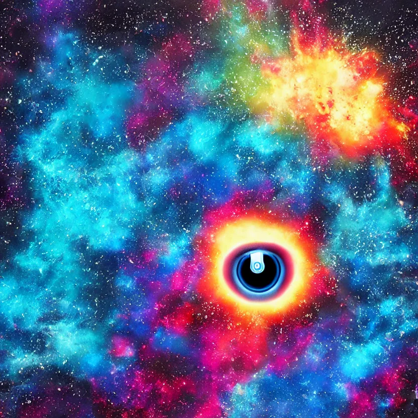 Prompt: blue evil eye floating in front of a colorful exploding nebula, art inspired by tim doyle, petros afshar