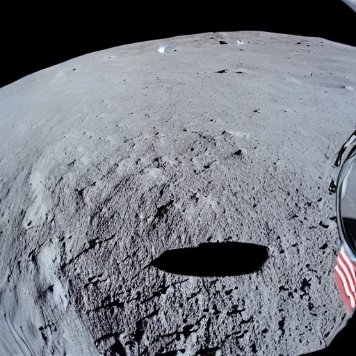 Prompt: fish-eye lens photo of Neil Armstrong on the moon