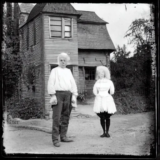 Prompt: 1800s photo of a deformed, white-haired, unattractive albino woman of thirty-five, and an 80 year old man, posing in front of an old victorian farmhouse -n 4 -i -h 2 -w 3