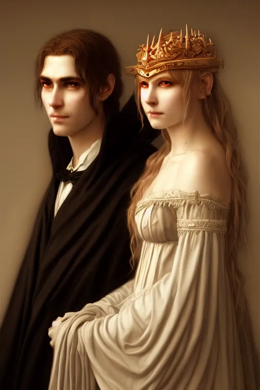 Prompt: a portrait of Satan As A Demon and his beautiful wife, white eyes, bored, illustration, soft lighting, soft details, painting oil on canvas by Edmund Blair Leighton and Charlie Bowater octane render, HDR, trending on artstation, 4k, 8k, HD