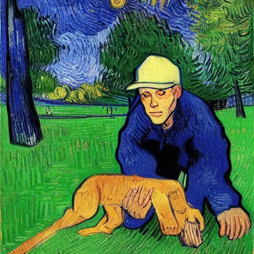 Image similar to Eminem with a dog plays with wooden blocks at Central Park painting by van gogh