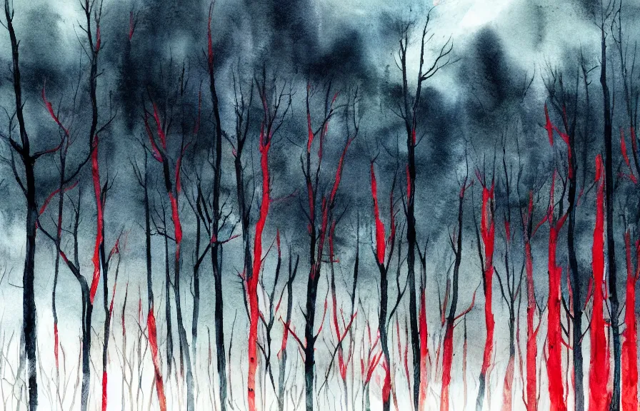 Image similar to dark and gloomy forest filled with toxic waste, dark stormy sky, raining red rain, watercolor painting