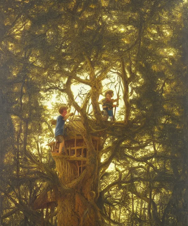 Image similar to masterful oil on canvas painting, eye - level view, shot from 5 0 feet distance, of a kid playing in a treehouse. in the background is a whimsical sparse forest. by ambrosius benson and gerald brom. golden hour, detailed, depth, volume, chiaroscuro, quiet intensity, vivid color palette.