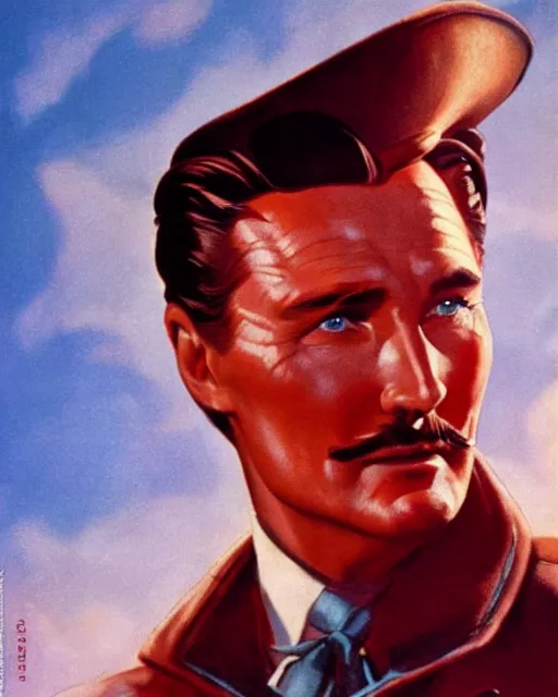 Image similar to Errol Flynn as a scientist. 1980s dystopian Soviet Russia, propaganda screens. Unreal engine, fantasy art by Jesper Ejsing. Faithfully depicted facial expression, perfect anatomy global illumination, radiant light, detailed and intricate environment