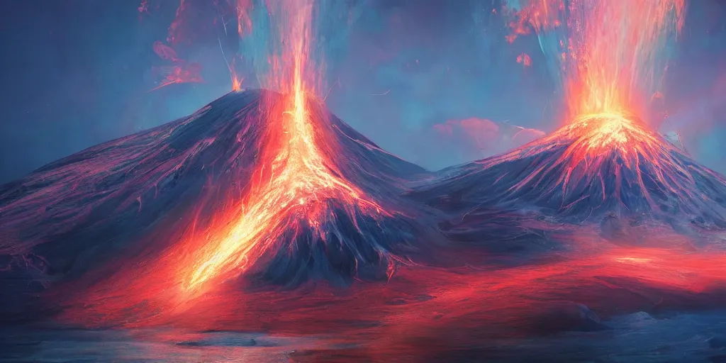 Image similar to fantasy painting of a volcano in the middle of a vast ocean, intricate abstract. delicate artwork. by tooth wu, wlop, beeple, dan mumford. octane render, trending on artstation, greg rutkowski very coherent symmetrical artwork. cinematic, hyper realism, high detail, octane render, 8 k, depth of field, bokeh. chrome accents.