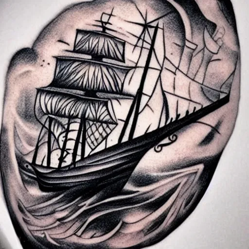 Image similar to A magical pirate ship, tattoo design on white background, hyper realistic shaded tattoo, award winning tattoo