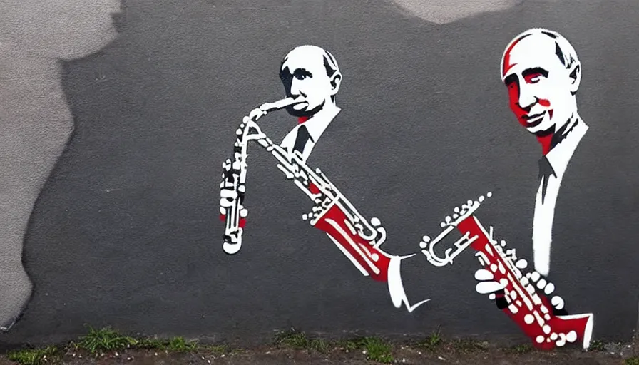 Image similar to Graffiti by Banksy of Vladimir putin playing the saxophone