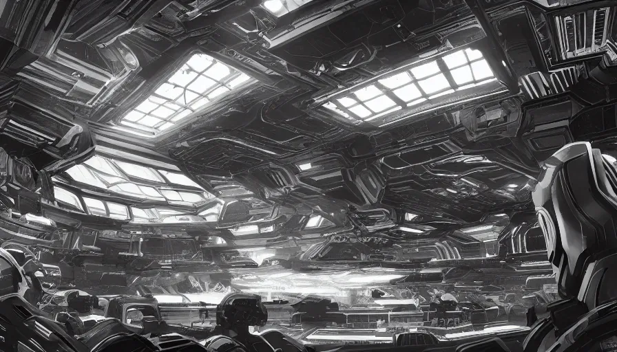 Prompt: Interior of a huge, bright black and white wonderful space base with lot of people in it, hyperdetailed, artstation, cgsociety, 8k