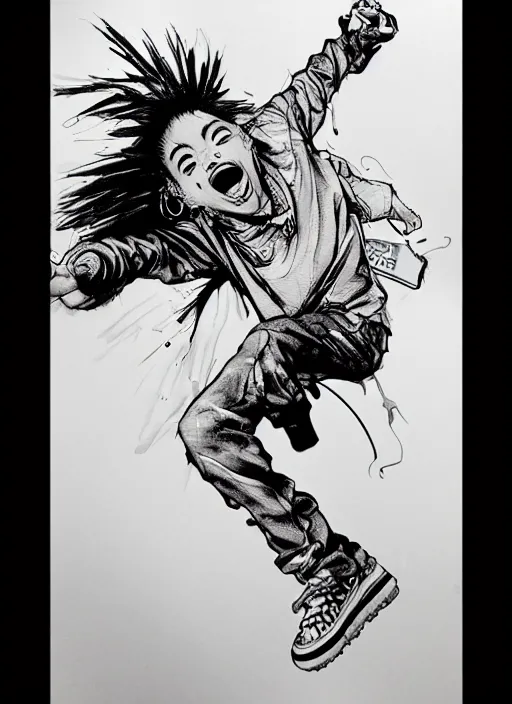 Image similar to a funky disco crackhead jumping around in the club, by takehiko inoue and kim jung gi, masterpiece ink illustration, realistic face and anatomy