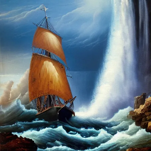 Image similar to stark oil painting, sailing ship at the edge of the world waterfall, man vs. nature, deep blue water, whitecap waves, point of no return, desperation, vivid, highly detailed, renaissance, 4k scan