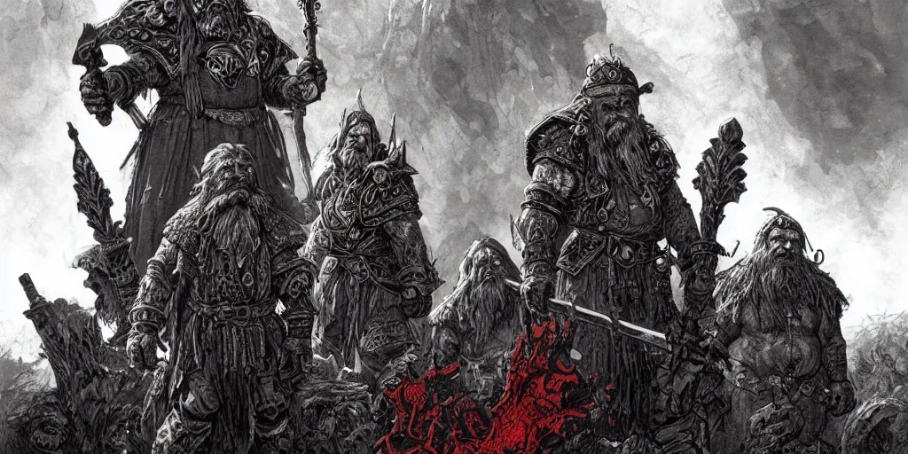 Image similar to concept art, aged dwarf warrior gang stand at the gates of hell, poster style, ornate, red, turquoise, detailed, dramatic, moody lighting, by paul pope, travis charest, gustave dore, hiroshi yoshida, moebius, artgerm, cinematic