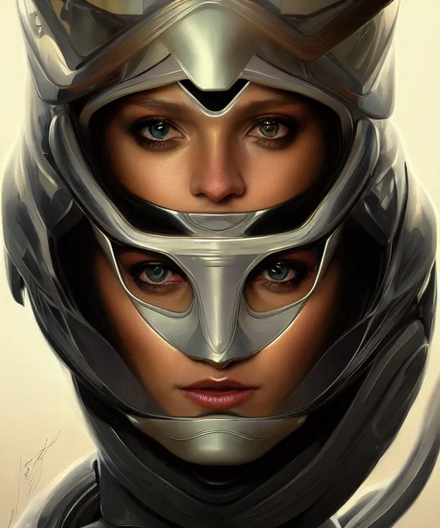 Image similar to futuristic woman in helmet portrait, sci-fi, amber eyes, face, long hair, fantasy, intricate, elegant, highly detailed, digital painting, artstation, concept art, smooth, sharp focus, illustration, art by artgerm and greg rutkowski and alphonse mucha