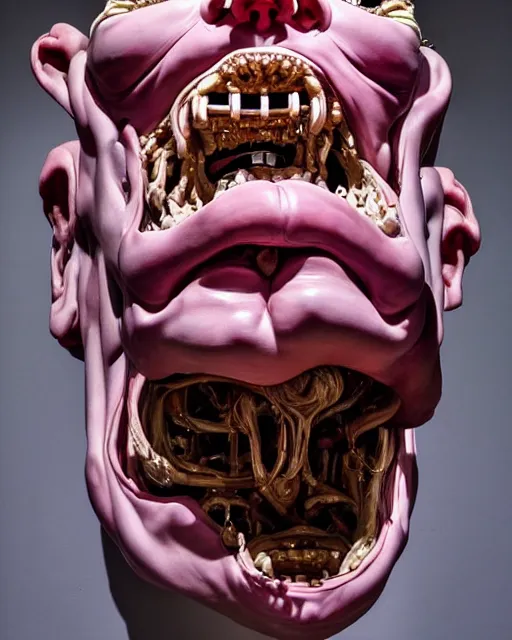 Prompt: a massive porcelain sculpture in an psychosphere of donald trump's face spewing cybertronic bones from his mouth, in the style of johnson tsang, funny sculpture, lucid dream series, oil on canvas, francis bacon