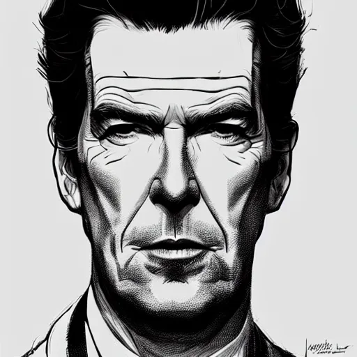 Prompt: a study of cell shaded portrait of pierce brosnan concept art, llustration, post grunge, concept art by josan gonzales and wlop, by james jean, Victo ngai, David Rubín, Mike Mignola, Laurie Greasley, highly detailed, sharp focus, alien, Trending on Artstation, HQ, deviantart, art by artgem