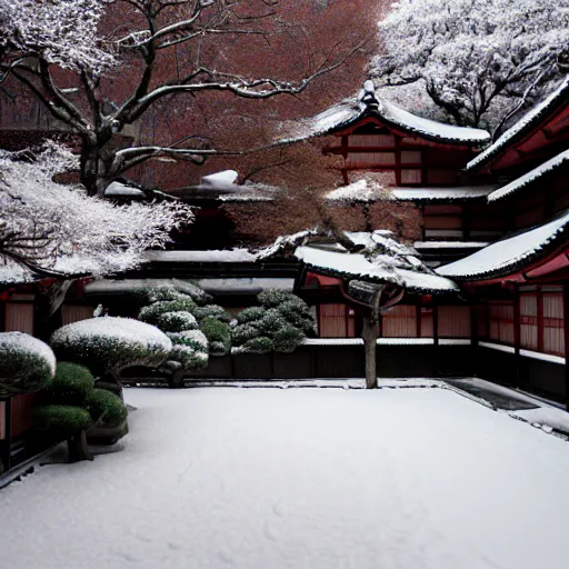 Prompt: snowy Japanese courtyard, professional photography