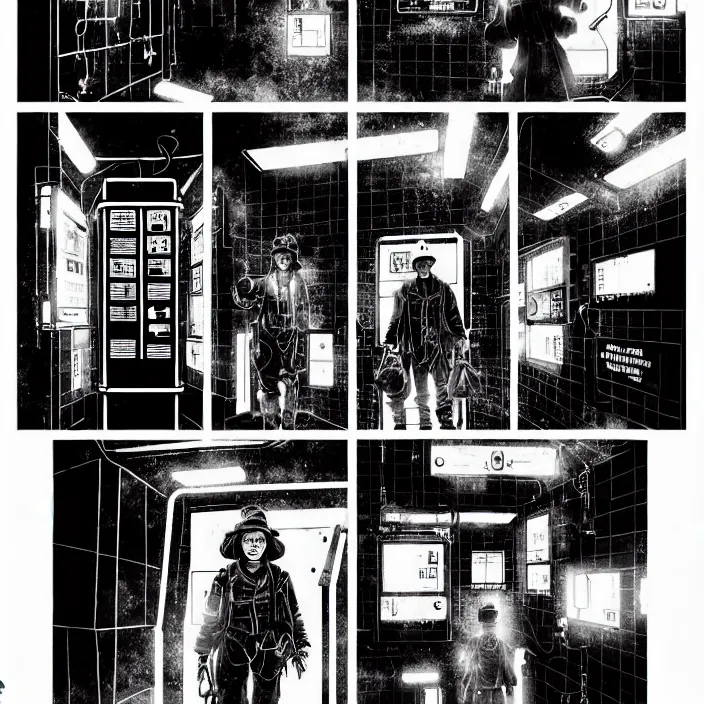 Prompt: sadie sink as a miner inside a minimalist steampunk automated kiosk with food options to choose from. small room. wide angle lens. black and white, pencil and ink. scifi cyberpunk. by gabriel hardman, joe alves, chris bonura. cinematic atmosphere, detailed and intricate, perfect anatomy