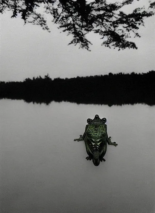 Image similar to “semitranslucent smiling frog vertically hovering over misty lake waters in crucifix pose, low angle, long cinematic shot by Andrei Tarkovsky, paranormal, eerie, mystical”