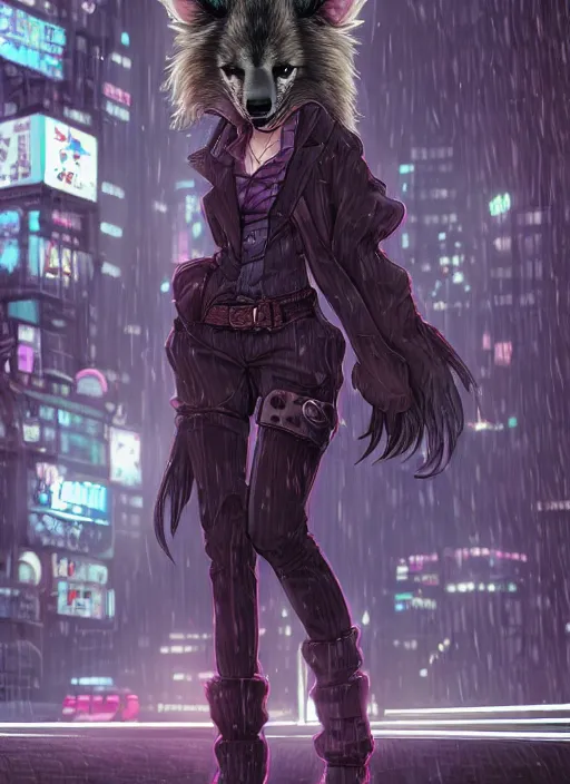 Image similar to character portrait of a female anthro hyena fursona with a cute beautiful attractive furry face and long black curly hair wearing stylish clothes in a cyberpunk city at night while it rains. hidari, color page, tankoban, 4K, tone mapping, Akihiko Yoshida.