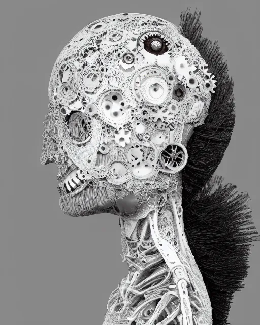 Image similar to black and white dreamy foggy smoky profile face portrait, one silver steampunk eye biomechanical beautiful young female cyclope - cyborg - robot bust, body ribs meshes,, volumetric light, hibiscus flowers, by hg giger, rim light, by dora maar and cecile beaton, big gothic fashion pearl embroidered collar, 8 k