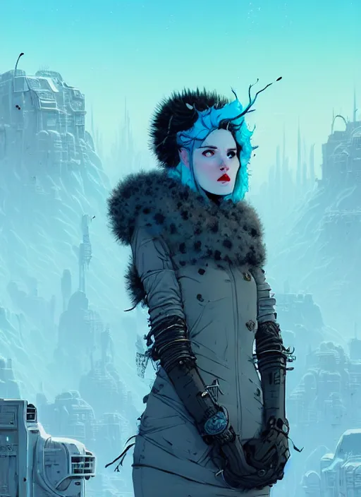 Image similar to highly detailed portrait of wasteland punk long curly white icey shard hair tribal lady, stray wiring by atey ghailan, james gilleard, by joe fenton, by greg rutkowski, by greg tocchini, by kaethe butcher, 4 k resolution, gradient blue, cyan, black and white color scheme!!! ( ( snowy glaciated robotic dystopian city background ) )