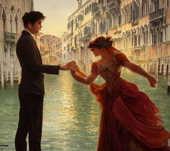 Image similar to photography of a 1 8 th couple in venice with fireworks, deep focus, intricate, elegant, highly detailed, digital painting, artstation, concept art, matte, sharp focus, illustration, art by artgerm and greg rutkowski and alphonse mucha and gil elvgren