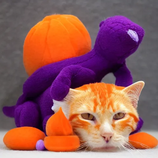 Prompt: tiny purple dragon snuggling orange tabby cat, orange tabby hugging tiny purple dragon
