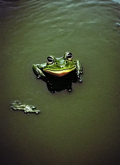 Image similar to “semitranslucent smiling frog amphibian floating over misty lake waters in Jesus Christ pose, low angle, long cinematic shot by Andrei Tarkovsky, paranormal, eerie, mystical”