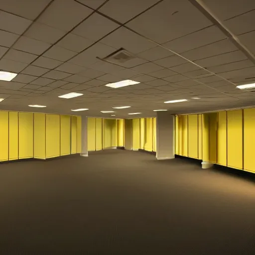 Image similar to an empty office space at night, eerie atmosphere, yellow hue
