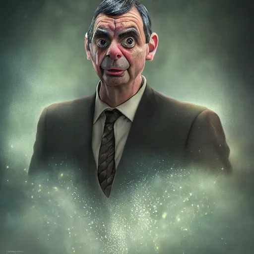 Image similar to Very very very very highly detailed epic central composition photo of Mr Bean as Thanos face, intricate, extremely detailed, digital painting, smooth, sharp focus, illustration, happy lighting, incredible art by Brooke Shaden, artstation, concept art, Octane render in Maya and Houdini