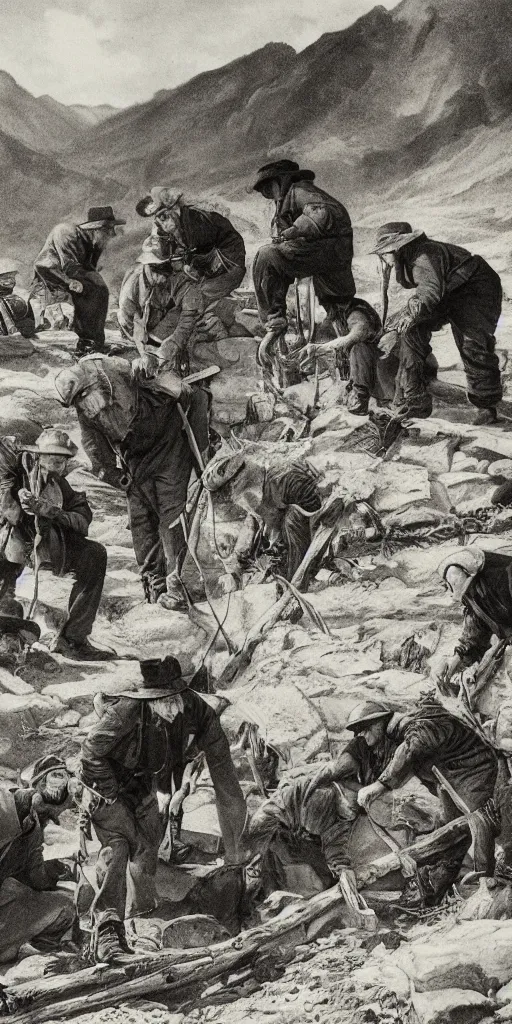 Prompt: cinematic illustration of prospectors with picks looking for gold bars, klondike