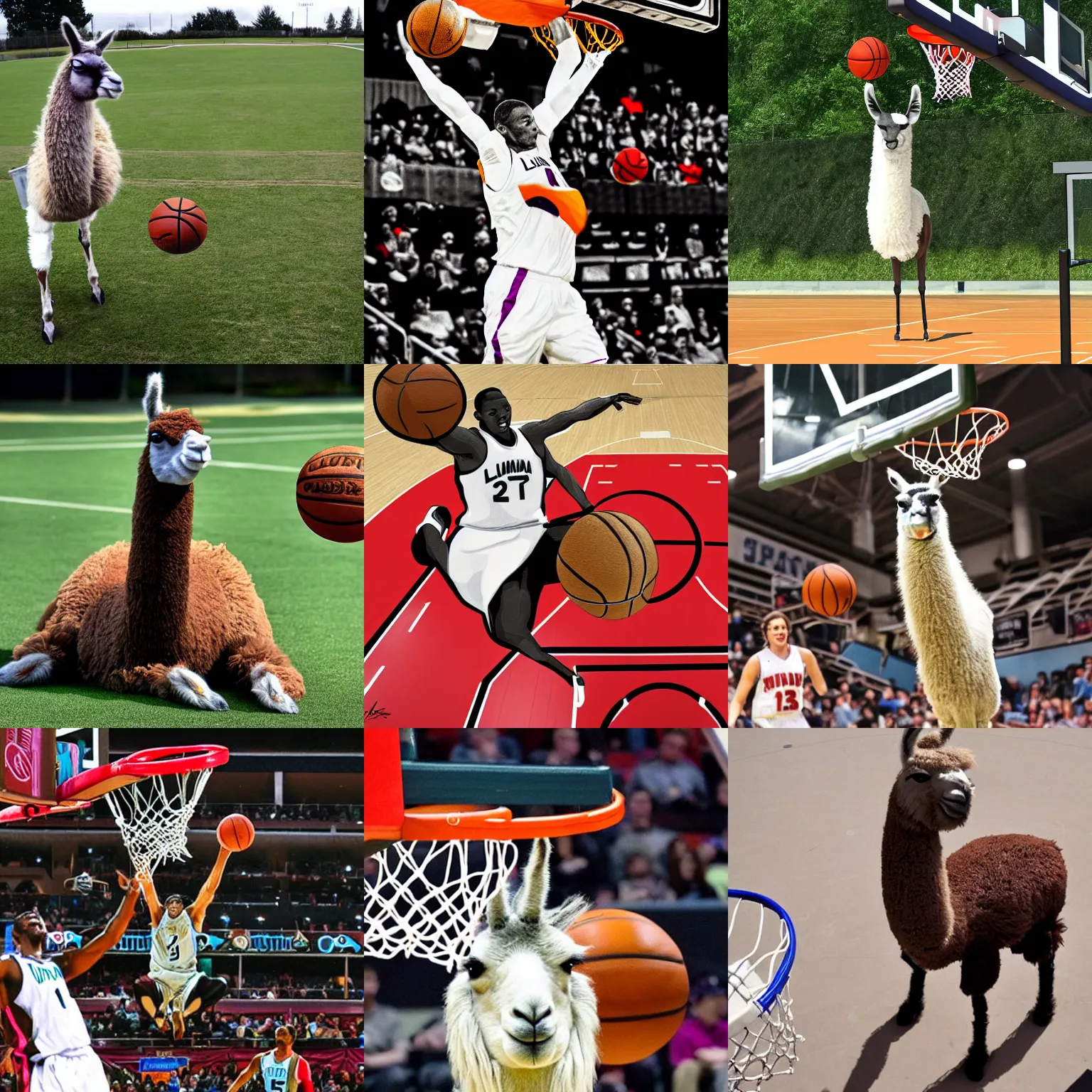 Prompt: llama dunking a basketball