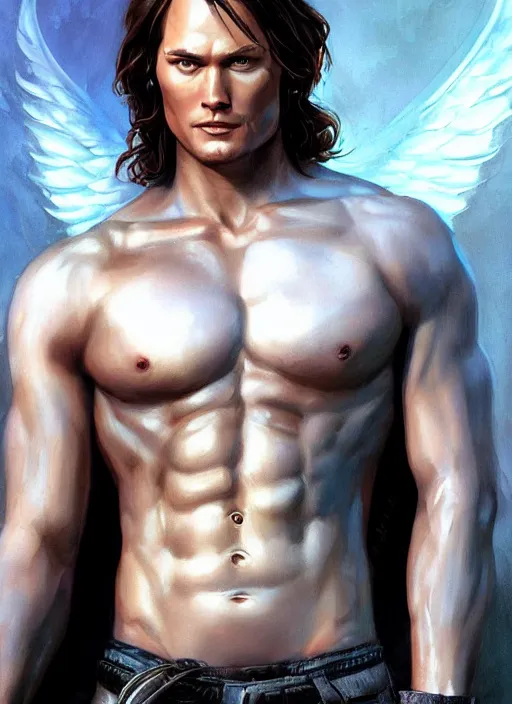 Image similar to handsome Sam Winchester as a muscular angel handcuffed, urban fantasy romance book cover, D&D!, fantasy style, sharp focus!, ultra detailed, art by Artgerm and Peter Andrew Jones, WLUP