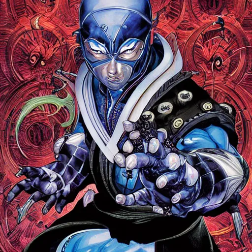 Image similar to portrait of crazy subzero mortal kombat, symmetrical, by yoichi hatakenaka, masamune shirow, josan gonzales and dan mumford, ayami kojima, takato yamamoto, barclay shaw, karol bak, yukito kishiro