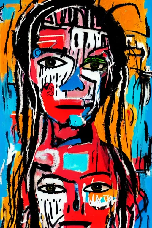 Image similar to cyborg girl in the style of jean michel basquiat